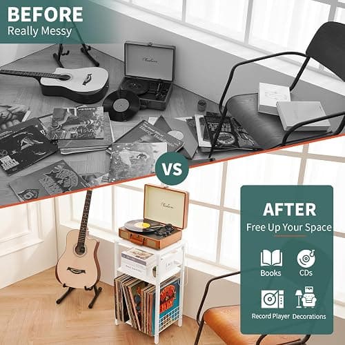 Yoobure Record Player Stand, 3-Tier White Side Table with Charging Station, Small End Table Record Holder with Vinyl Storage, Beside Tables Turntable Stand for Album CD, Night Stand for Living Room thumbnail 7