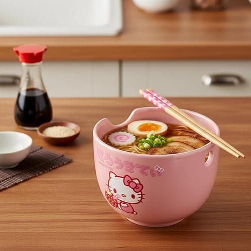 Silver Buffalo Sanrio Hello Kitty Strawberry Milk Japanese Character Ceramic Ramen Noodle Rice Bowl with Chopsticks, Microwave Safe, Pink, 20 Ounces thumbnail 9