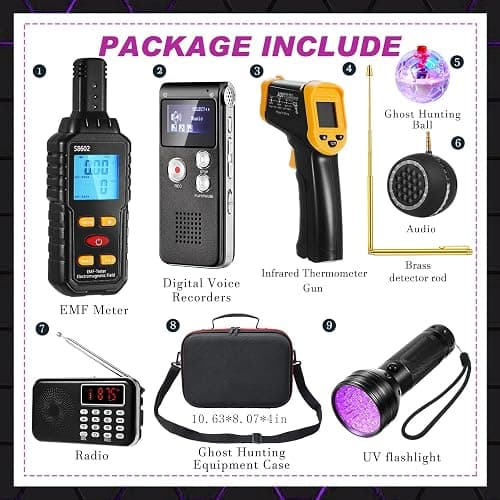 Dunzy 11 Pcs Ghost Hunting Equipment Kit Include Ghost Radio, Electromagnetic Paranormal Radiation Detector, Voice Recorder, UV Flashlight 2 LED Light up Cat Balls Etc(3 in 1 Emf Meter) thumbnail 2