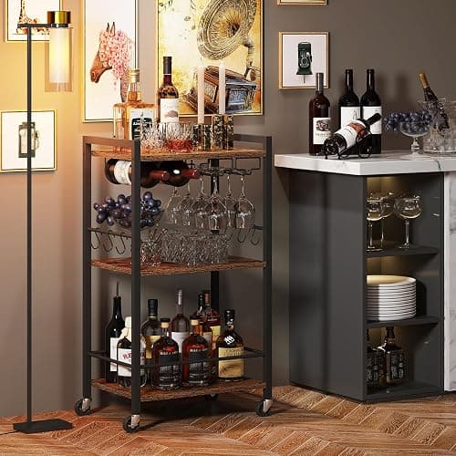 TUTOTAK Bar Cart with Wheels, Mini Drink Cart with Wine Rack & Glass Holder | 3-Tier 17 Inch Wide Home Bar Serving Carts, Small Mobile Kitchen Shelf with 6 Hooks, Rustic Brown BC01BB035 thumbnail 7