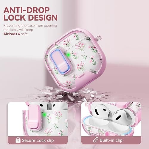 Skyconser with Safety Lock for Apple AirPods 4 Case,Clear Floral Cute AirPod 4th Generation Case with Phone Stand & Cleaning Kit for Women Girly-Pink Narcissus thumbnail 3