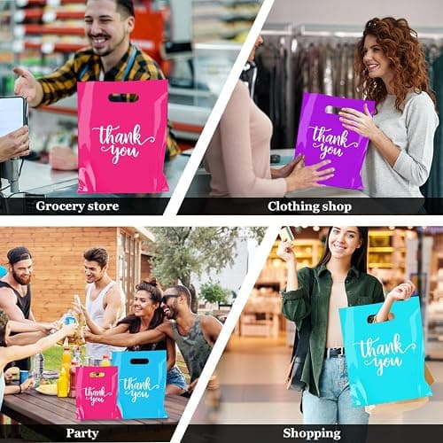 Odseciran 300 Pcs Thank You Bags for Small Business, 3 Size Plastic Mini Retail Merchandise Vendor Shopping Bag with Handle for Boutique Store, Wedding Party Goodie Bulk (Mixed color) thumbnail 7