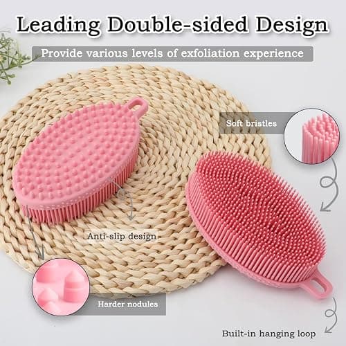 FREATECH Silicone Shower Body Wash Scrubber, Dual-Sided Body Buffer for Gentle Exfoliation, Cleansing and Massage, Men Women Baby Sensitive Skin, More Hygienic and Durable Than Loofah, Pink thumbnail 2