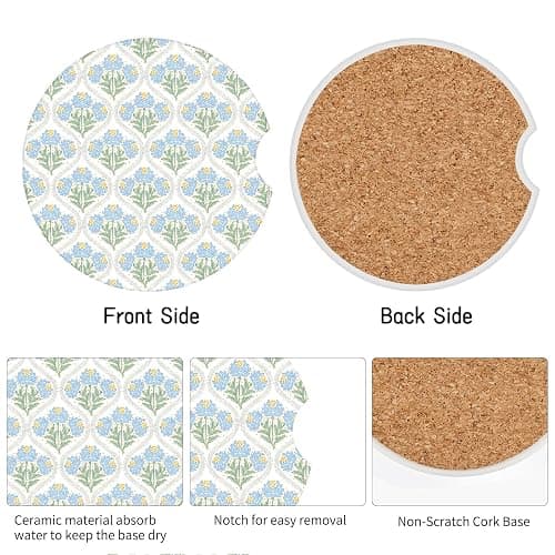 Watbro 2 Pcs Blue Flowers Car Cup Holder Coasters, 2.56 Inch Absorbent Ceramic Cup Coasters for Women, Cute Aesthetic Floral Print Car Interior Accessories for Most Cars, Trucks, SUVs thumbnail 4