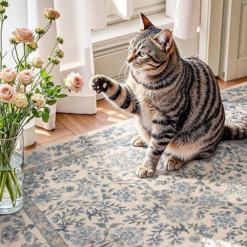 jinchan 8x10 Washable Living Room Area Rug, Vintage Floral, Blue/Cream | Soft Non-Slip Low-Pile, Botanical Aesthetic Throw Carpet for Bedroom Dining Room Nursery thumbnail 6