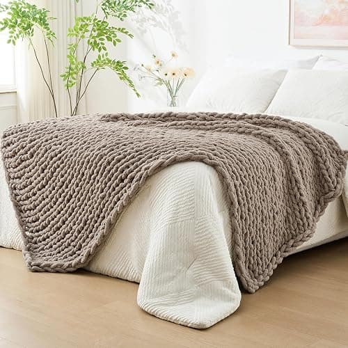 Bigacogo Chunky Knit Throw Blanket for Couch, 80x90 inches, 100% Hand Knitted with Thick Jumbo Chenille Yarn, Cozy Soft Large Rope Knot Cable Crochet Blankets for Sofa Bed Living Room, Taupe - Image 1