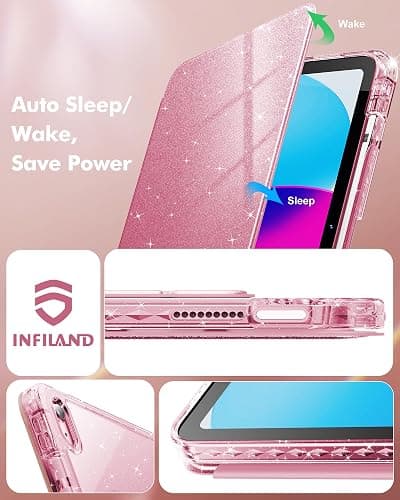 INFILAND Case for iPad A16 11-inch 11th Generation, iPad 10th Generation Case 10.9 Inch for Kids, Girls, 360 Rotating Cute Glitter Cover with Crystal Clear Back, Pencil Holder (Pink) thumbnail 7
