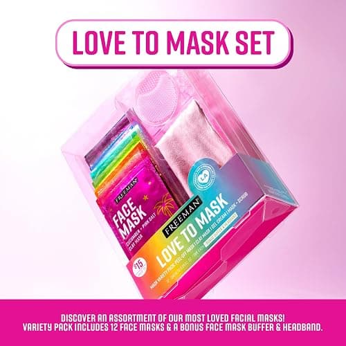 Freeman Facial Love To Mask Variety Pack: Oil Absorbing Clay, Detoxifying Charcoal, Clearing Peel Off, Hydrating Gel Cream, Exfoliating Scrub (14 Piece Kit with Bonus Buffer and Headband) thumbnail 2