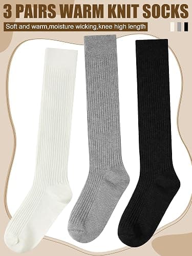 Shihanee 3 Pairs Winter Women Knee High Socks Long Ribbed Knit Slouchy Boot Socks Warm Gifts for Women Girls thumbnail 3