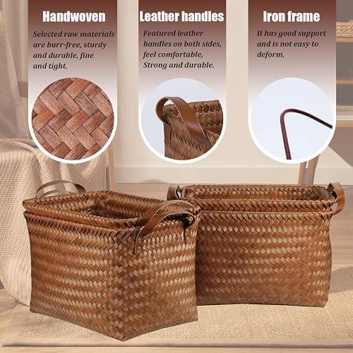 BROWNLILY Handwoven Clothes Basket Laundry Hampers Large Wicker Storage Baskets for Shelves Blankets Closet Storage Bins Car Bedroom Bathroom Organizers and Storage Bath (Pack of 4, Brown) thumbnail 3