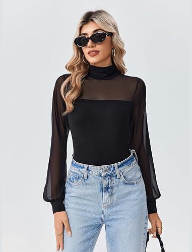 Avidlove Long Sleeve Body Suits Womens Mesh Turtleneck Bodysuit Thong Dressy Going Out Bodysuits Top Fall Outfits thumbnail 3