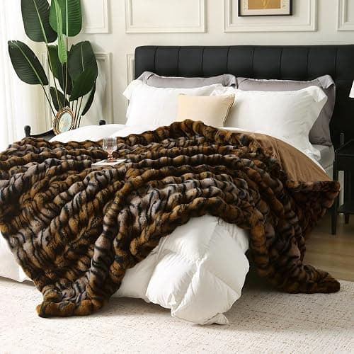 MERRYLIFE Luxury Thick Plush Tiger Print Faux Rabbit Fur Throw Blanket Ultra-Plush Cozy Soft Decorative Blanket Use for Couch Bed Travel (Tiger, 60"*80") - Image 1
