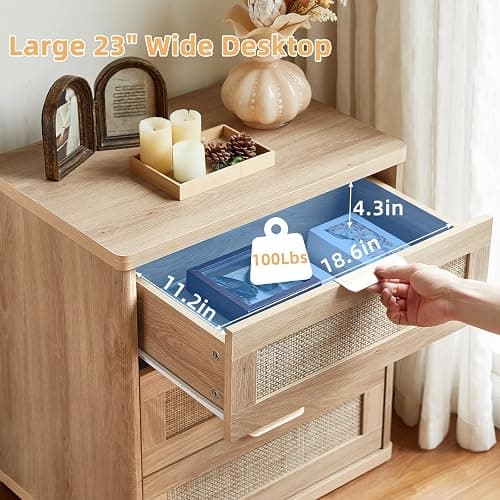 LEYAOYAO Rattan Night Stand Set of 2 with Drawers, 23" Large 3 Drawer Boho Nightstand, Natural Wood Bedside Table Storage Cabinet, Bed Side End Tables Dresser for Bedroom, Living Room, Hallway, Closet thumbnail 4
