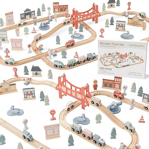 Comfy Cubs 100-Piece Wooden Train Set for Toddlers Ages 1+, Fun & Eco Friendly Toddler Train Set with Wooden Toy Tracks - Creative Toy Town Promoting Imaginative Play with Flexible Configuration thumbnail 8