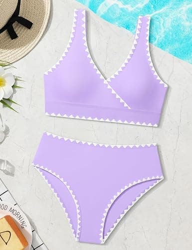 KANGKANG Girls Swimsuit Bikini Set Solid Color V-Neck Two Piece Bathing Suit with Chest Pad Adjustable Straps Swimwear 7-16T thumbnail 7