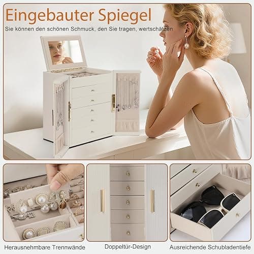 Dajasan Boite a Bijoux Femme, Grande Boite à Bijoux avec 5 Tiroirs, Boîte à Bijoux avec Double Ouverture pour Coiffeuse, Cuir Grain Vertical, Idée Cadeau pour Femme, Fille (Beige) thumbnail 6