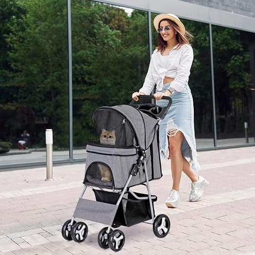 ZENY Foldable Pet Stroller, Cat/Dog Stroller with 4 Wheel, Pet Travel Carrier Strolling Cart with Storage Basket, Cup Holder (Grey) thumbnail 2