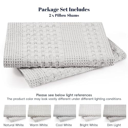 PHF 100% Cotton Waffle Pillow Shams King Size, 2 Pack 20" x 36" Soft Skin-Friendly Pillowcases, No Filling, Aesthetic Woven and Breathable Waffle Weave Pillow Case Covers for Bed, Light Grey thumbnail 7