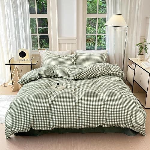 LifeTB Green Gingham Comforter Set Full Size Boho Plaid Checkered Pattern Comforter Geometric Grid Plaid Printed Bedding Comforter Set with 2 Pillowcases Fluffy Soft Gingham Bedding Set Full Size thumbnail 3