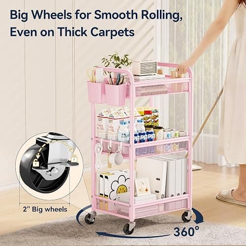 YASONIC 3 Tier Rolling Cart – Metal Utility Storage Cart with Wheels, Craft Cart Organizer with Hanging Cups, Hooks, Mesh Basket for Bedside Kitchen Office Art, Pink thumbnail 5