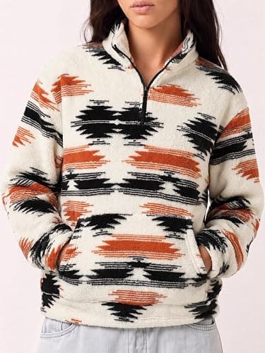 LUKYCILD Aztec Sweatshirt for Women Western Half Zip Sherpa Fleece Hoodies | Aztec Print Jacket Cowgirl Ethnic Style Sweatshirts Long Sleeve Pullover Tops with Pockets Casual Fall Winter Warm Outwear thumbnail 2