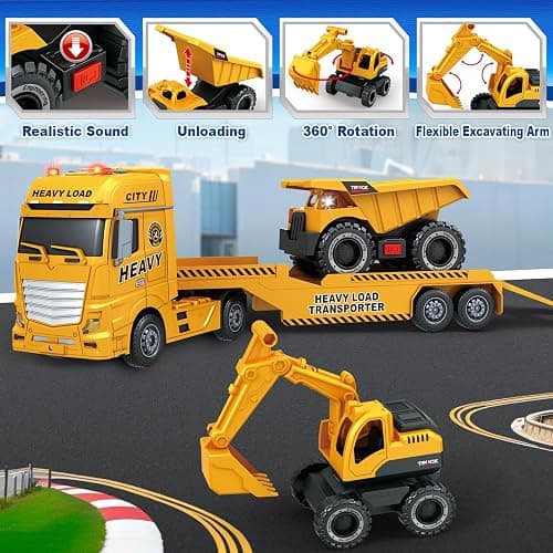 SpringFlower 3 4 5 6 Toddler Boy Toys, 25" Construction Carrier Toy with Excavator and Dump Truck,3 in 1 Truck, Christmas Birthday Gifts for Kids 3 4 5 6 Years Old thumbnail 4