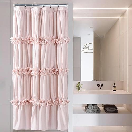 Homechoice Decor Peach Small Stall Ruffle Shower Curtain 36" W x 72" H, Vintage Handcrafted Bow Tie Bath Curtain for Master Bathroom, Ruched Microfiber Bathroom Curtain with 7 Buttonholes (LQ-10) - Peach-w - 36"W x 72"L (Pack of 1) thumbnail 2