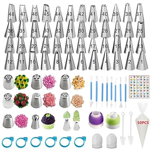 YOQXHY 130 Pcs Piping Bags and Tips Set with 48 Numbered Icing Tips,7 Russian Tips,1 Ball Tip,2 Leaf Tips,Pattern Chart,8 Carved Pens,4 Couplers,6 Ties,50 Disposable Pastry Bags for Cake Decorating - Image 1
