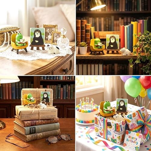 RAQWI Cute Frog Reading on Yellow Sofa Figurine with Cat Painting & Kitten Statue, Mini Resin Animal Set for Office Desk, Bookshelf Decor, Gift for Book & Cat Lovers thumbnail 4