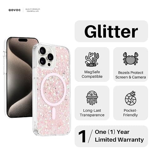 QOVOC for iPhone 15 Pro Max Case, Clear Glitter MagSafe Compatible, Bling Sparkly Girly Case for iPhone 15 Pro Max, Magnetic Protective Phone Cover, Pink Glitter, Andromeda thumbnail 3