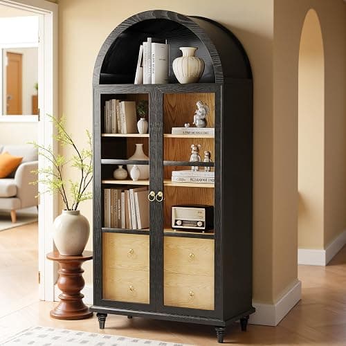 YESHOMY 71" Arched Cabinet, Tall Kitchen Pantry Storage Cabinets with Large Drawers, Shelves and Glass Doors, Modern Display Bookcase for Living Room, Dining Room (Pure Black) - Image 1