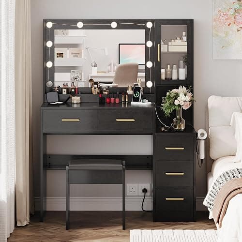 TOKSOM Makeup Vanity with Lights & Charging Station, Black Vanity Table with 5 Drawers & Open Storage Shelves, Bedroom Makeup Dressing Table Set for Women Girls Golden Handles thumbnail 2