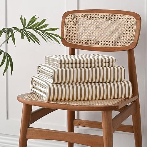 JELLYMONI Striped Sheets Set Queen Size, 4 Pieces 100% Cotton Bed Sheets - 16" Deep Pockets Fitted Flat Sheet & Pillowcase Bedding Set, Ultra-Soft, Machine Washable - Khaki - Queen thumbnail 6