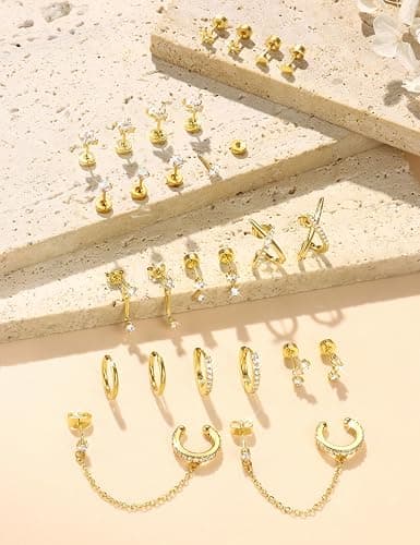 Besteel Hypoallergenic Flat Back Earrings for Women - 14K Gold Plated Cartilage Earring Stacks 20G Surgical Stainless Steel Flatback Stud Hoop Earring Set Conch Tragus Helix Piercing Jewelry thumbnail 7