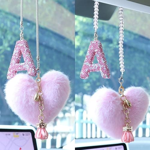 MOTOFITOOL Bling Pink Car Accessories for Women Letter Charm, Rainbow Color Rear View Mirror Cute Crystal Pendant Car Decorations, Lucky Gifts Diamond Rhinestone Charm Interior(A, Tassel Heart) thumbnail 6