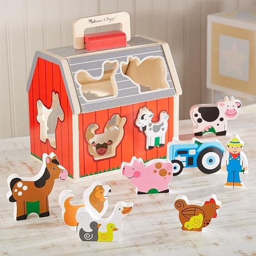 Melissa & Doug Wooden Take-Along Sorting Barn Toy with Flip-Up Roof and Handle, 10 Wooden Farm Play Pieces - Farm Toys, Shape Sorting And Stacking Learning Toys For Toddlers And Kids Ages 2+ - Multilingual Packaging - Barn Toy thumbnail 4