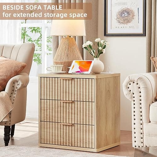 LEYAOYAO 23" Wide Fluted Farmhouse Night Stand Set of 2 with Charging Station, 3 Drawers Large End Table w/Metal Handle, Natural Nightstand Bedside Table,Wood Dresser for Bedroom, Closet thumbnail 2