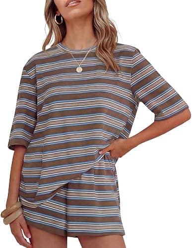 ZESICA Womens Summer 2 Piece Short Sets Striped Loose Fit Matching Lounge Airport Travel Workout Beach Vacation Outfits - Image 1