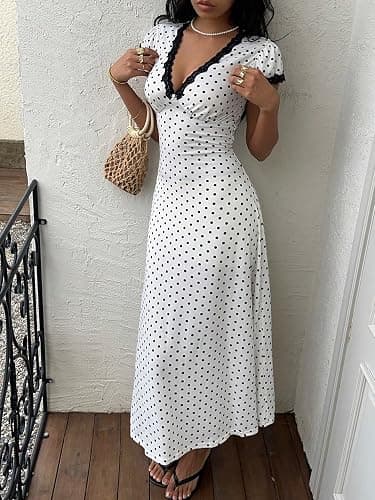 Milumia Women's Polka Dots Lace Trim Deep V Neck Dress Short Sleeve Flared Long Dresses thumbnail 3