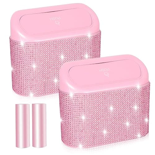 NBTEPEM Bling Pink Car Trash Can with Lid - 2 Pack, Mini Auto Garbage Can with 60 Trash Bags, Automotive Garbage Container Bin, Bling Car Accessories Trash Can for Women (Pink Diamond) - Image 1
