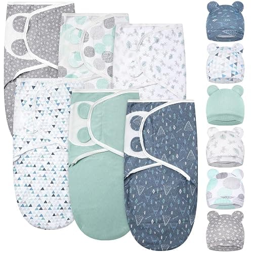 Ramede 6 Pack Swaddle Blanket with Hats for Baby Girl Boy 100% Cotton Swaddles 0-3 Months, Adjustable Breathable Skin Friendly Receiving Blanket Wrap, Essential for Newborns - Image 1