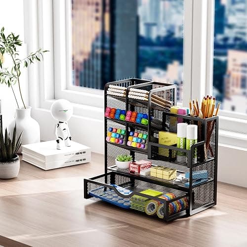 Marbrasse Mesh Desk Organiser,Stationary Organiser,Multifunctional Pen Holder,Desktop Storage and Drawer for Home Officee(Black) thumbnail 2