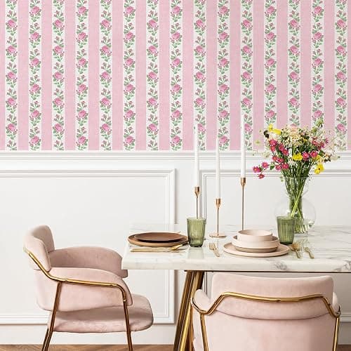 FYSUIMU Floral Striped Peel and Stick Wallpaper Roll Vintage Pink Rose Flower Stripe Contact Paper Self-Adhesive Wall Decoration for Farmhouse Home Bedroom Bathroom, 17 in x 10 Ft thumbnail 2