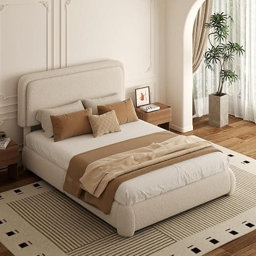 Konprosp Full Bed Frame, Teddy Velvet Boucle Bed Frame with 43.3"/45.3" Adjustable Upholstered Headboard, Rounded Corners, Mattress Foundation, No Box Spring Required, Beige thumbnail 6