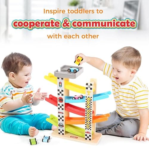 Belleur Montessori Toy for 1-3 Years Old Boys and Girls, Kid Race Track Car for Toddlers with 5 Mini Cars & 5 Ramps, Wooden Montessori Car Ramp Toy Set for Babies' Birthday Gifts, Visit Gifts thumbnail 5