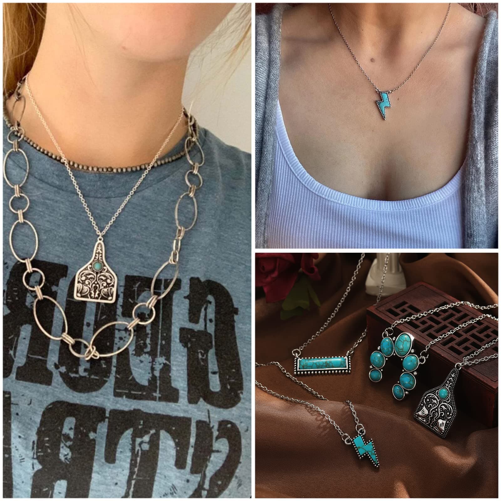 IFKM Bohemian Jewelry Set With Turquoise Necklace, Dangle Earrings, Stackable Bangle Bracelets, Knuckle Rings For Women Vintage Western Boho Turquoise Anniversary Birthday Friendship Gift thumbnail 7