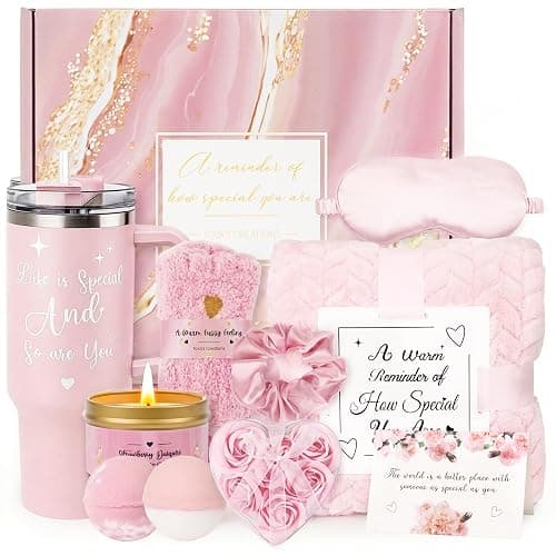 Mothers Day & Birthday Gifts for Women - Tova's Creations 13-Piece Strawberry Daiquiri Spa Gift Basket with 40 OZ Tumbler & Luxury Flannel Blanket for Mom, Wife, Grandma - Image 1