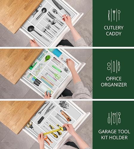 ROYAL CRAFT WOOD Luxury Bamboo Kitchen Drawer Organizer - Silverware Organizer - Utensil Holder and Cutlery Tray with Grooved Drawer Dividers for Flatware and Kitchen Utensils (9 Slot, White) thumbnail 8