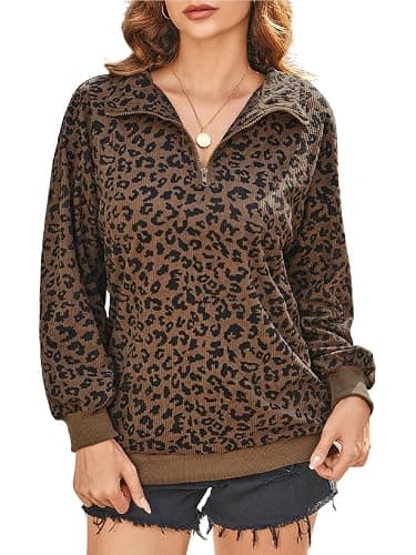 SweatyRocks Women's Leopard Print Sweatshirt Quarter Zip Collar Long Sleeve Pullover Tops - Image 1