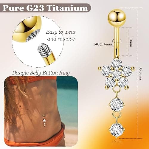 SOMEITIA 14G G23 Titanium Dangle Belly Button Ring for Women Flower CZ Dangling Belly Rings Cute Dainty Dangly Navel Ring Belly Piercing Jewelry thumbnail 3
